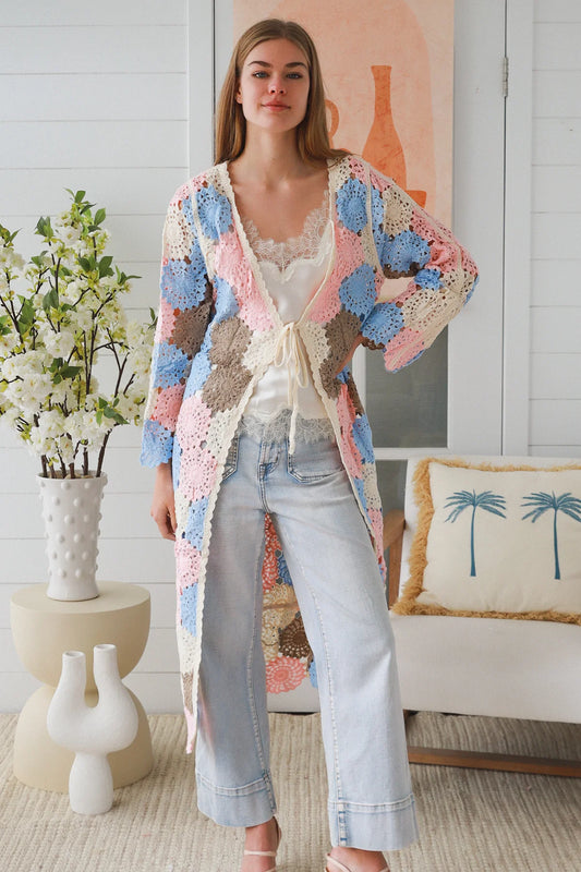 WILLOW LONG CROCHET CARDI IN PINK, BLUE, CREAM AND BROWN