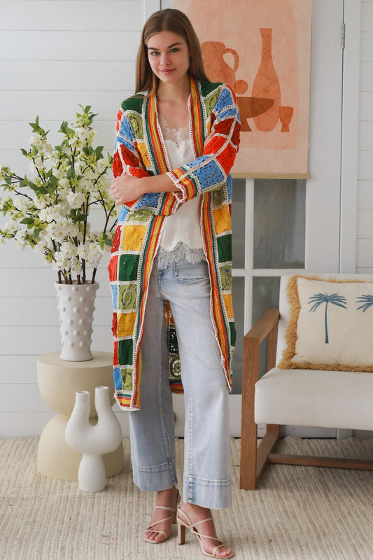 WILLOW LONG CROCHET CARDI IN MULTI COLOURS