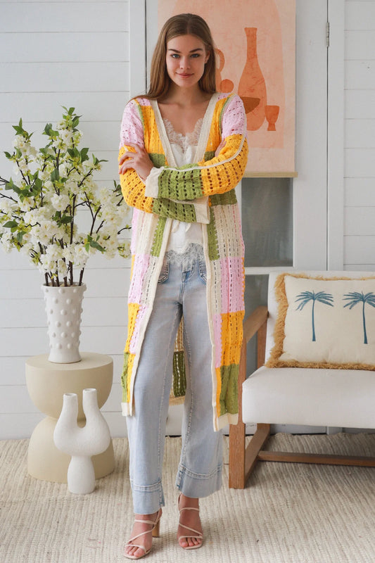 WILLOW LONG CROCHET CARDI IN YELLOW, PINK, CREAM AND GREEN