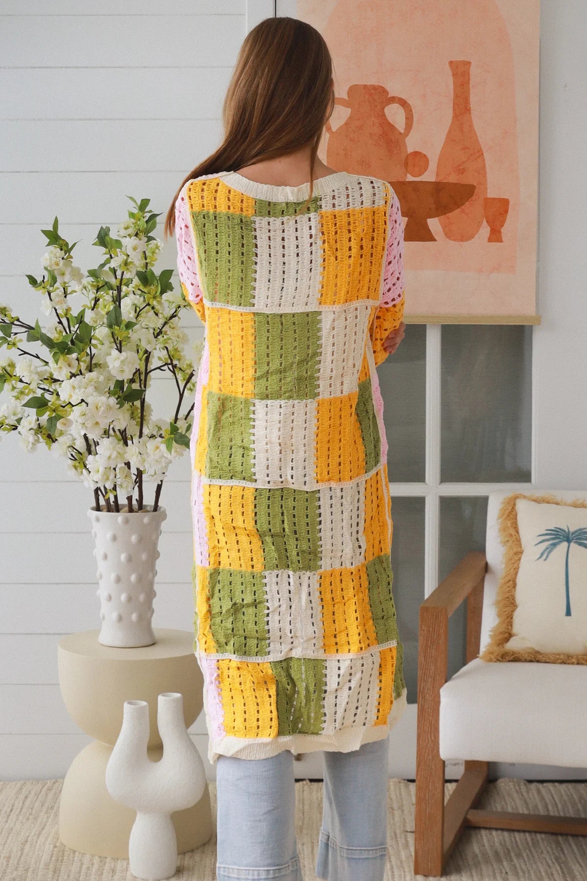 WILLOW LONG CROCHET CARDI IN YELLOW, PINK, CREAM AND GREEN