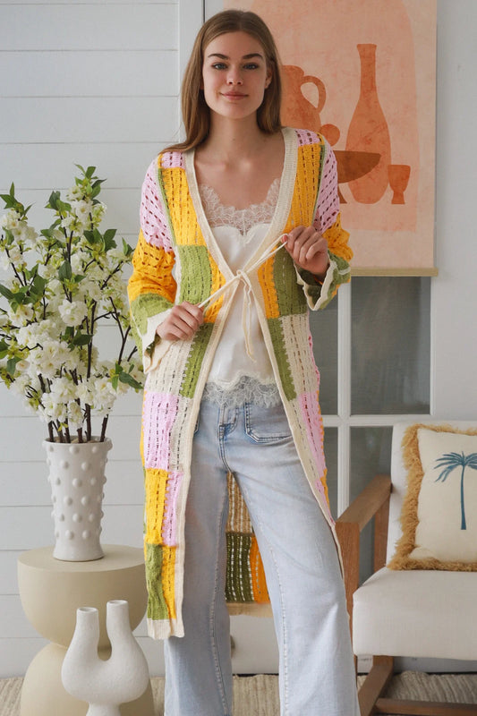 WILLOW LONG CROCHET CARDI IN YELLOW, PINK, CREAM AND GREEN