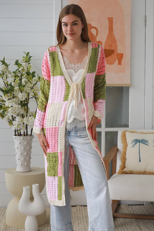 WILLOW LONG CROCHET CARDI IN PINK, CREAM AND GREEN