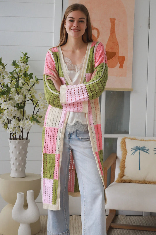 WILLOW LONG CROCHET CARDI IN PINK, CREAM AND GREEN