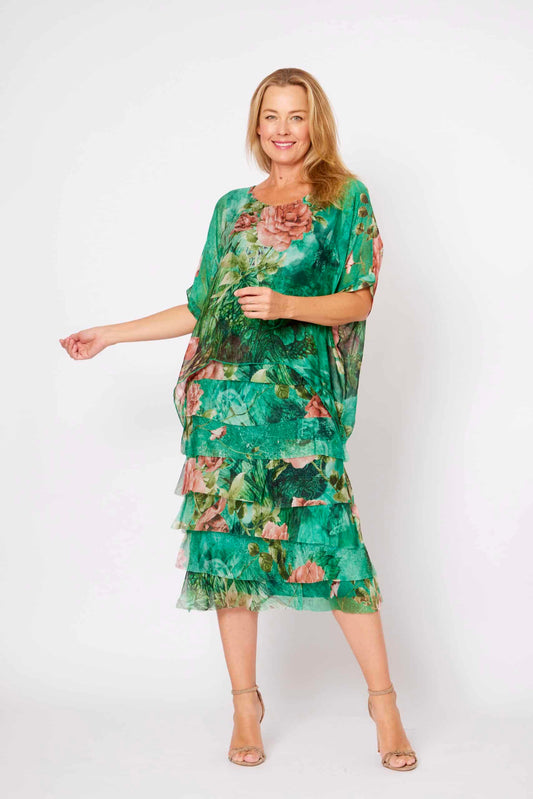 LA STRADA SILK LAYER DRESS IN GREEN FLORAL WITH RUSTY PINK ROSE