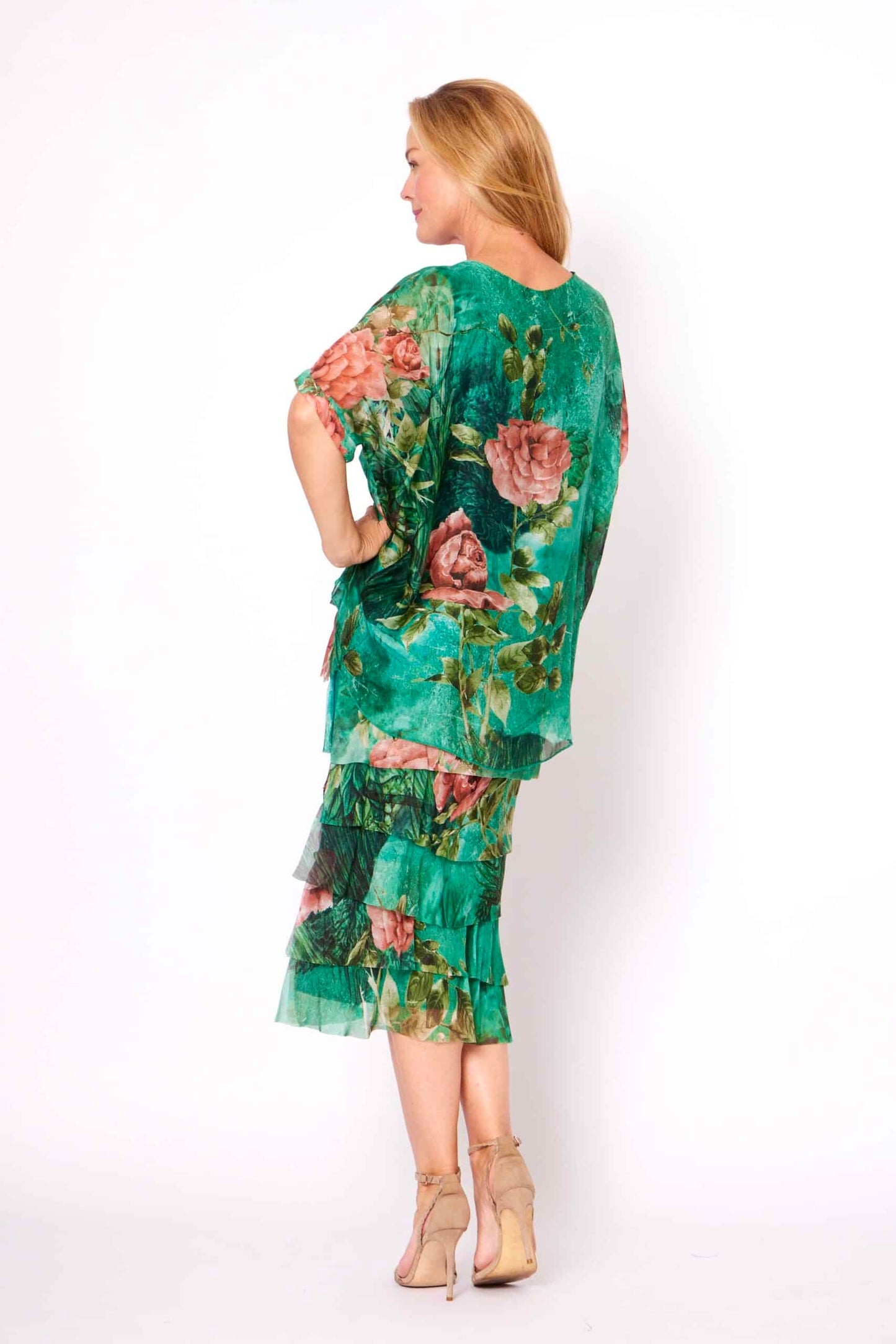 LA STRADA SILK LAYER DRESS IN GREEN FLORAL WITH RUSTY PINK ROSE