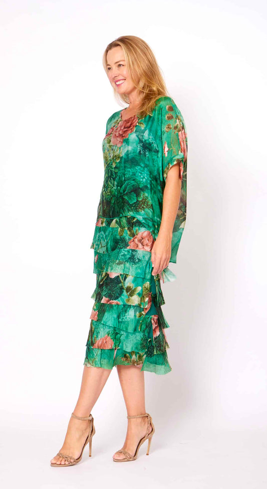LA STRADA SILK LAYER DRESS IN GREEN FLORAL WITH RUSTY PINK ROSE