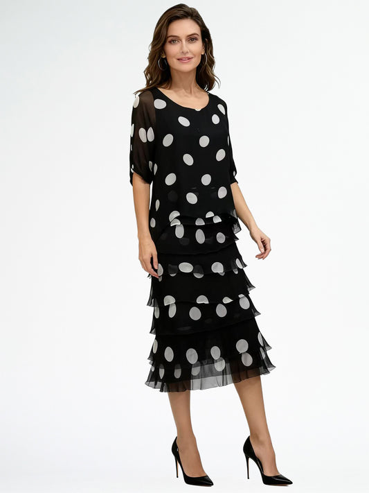 LA STRADA SILK LAYER DRESS IN BLACK WITH WHITE SPOTS
