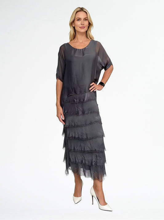 LA STRADA SILK LAYER DRESS IN CHARCOAL