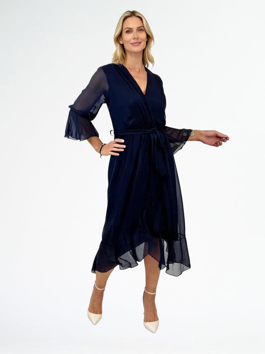 LA STRADA SILK CROSS OVER DRESS IN NAVY