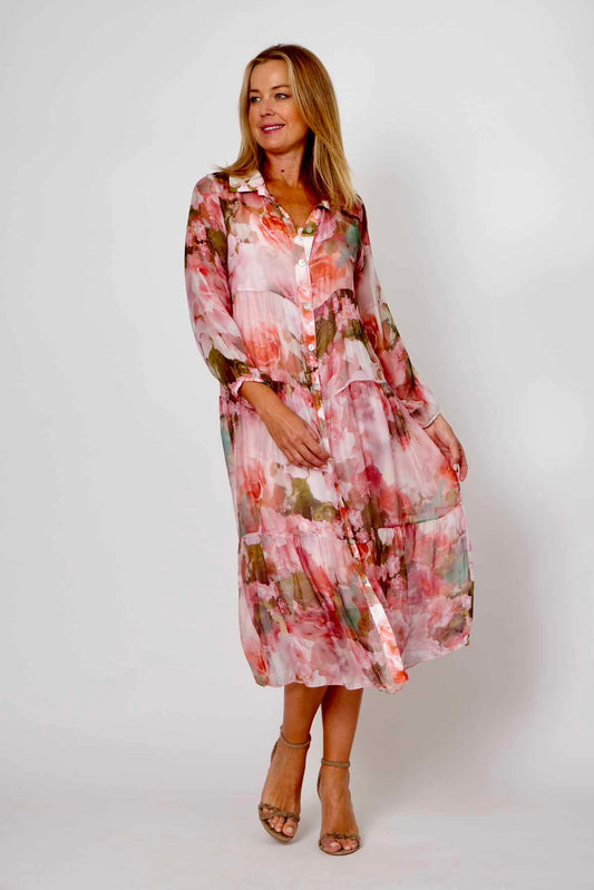 LA STRADA FLORAL SILK BUTTON DOWN TIER DRESS