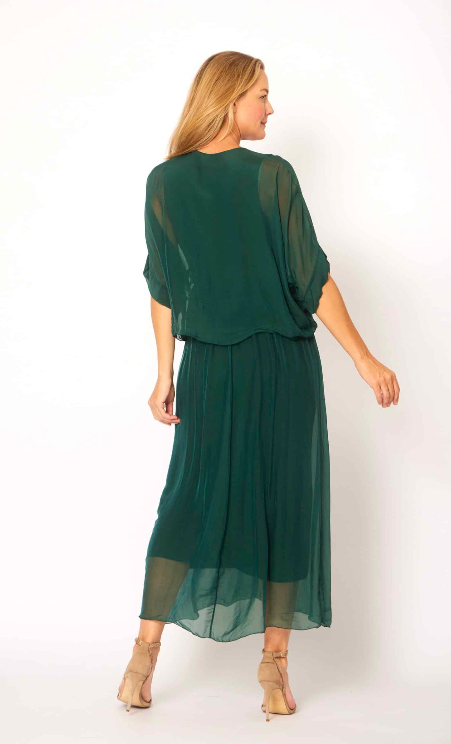 LA STRADASILK BLEND RUCHED BODICE FLOWY DRESS IN FOREST GREEN