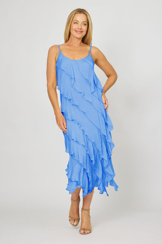 LA STRADA RUFFLED BIAS CUT DRESS IN BLUE