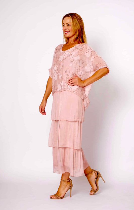 LA STRADA SILK DRESS IN BLUSH PINK WITH PRINTED TOP