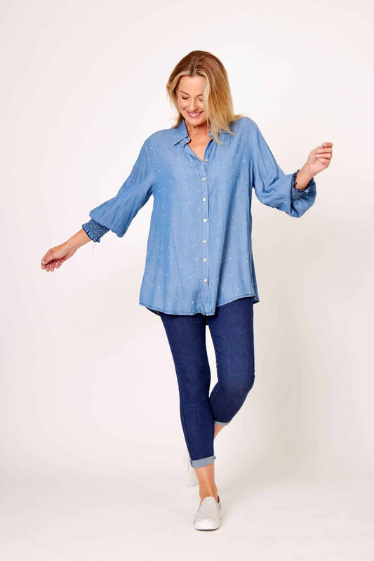 LA STRADA BLUE DENIM SHIRT WITH RUCHED SLEEVE AND DIAMANTE