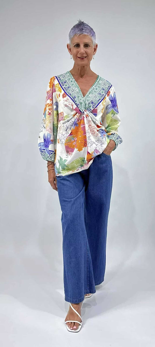 LA STRADA LINEN TWIST FRONT TOP, MULTI FLORAL
