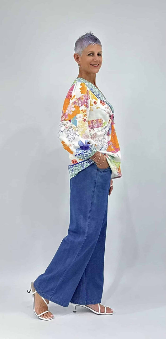 LA STRADA LINEN TWIST FRONT TOP, MULTI FLORAL