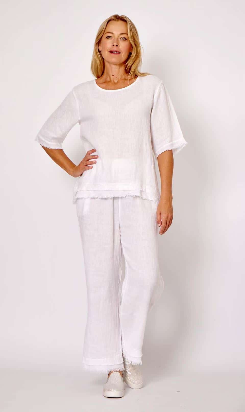 LA STRADA LINEN WHITE SEQUIN TRIM TOP