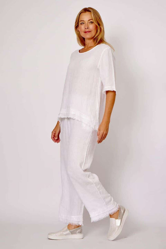LA STRADA LINEN SEQUIN TRIM PANTS IN WHITE