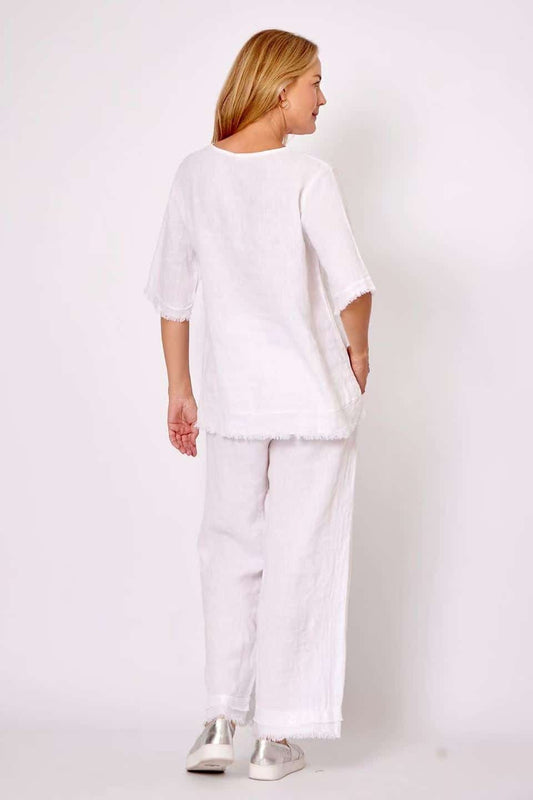 LA STRADA LINEN WHITE SEQUIN TRIM TOP