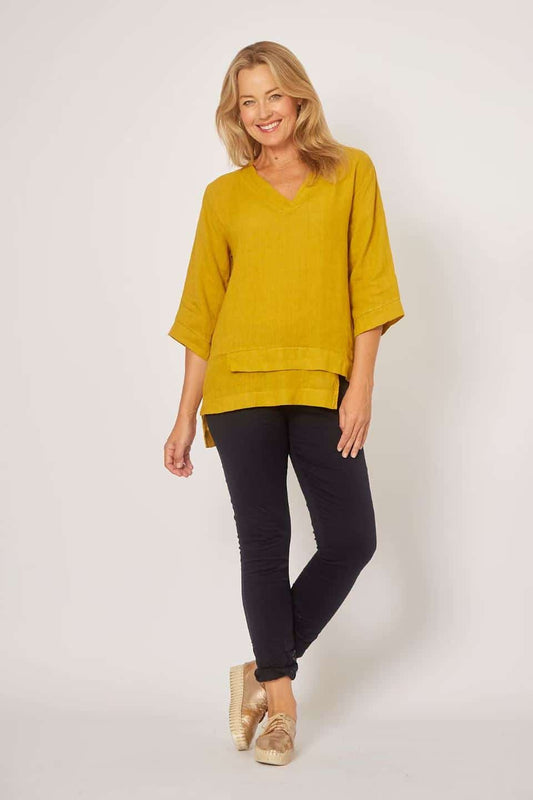 LA STRADA LINEN UNEVEN HEM V-NECK TOP