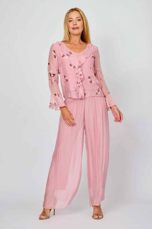LA STRADA SILK FRILL NECK TOP IN PINK FLORAL