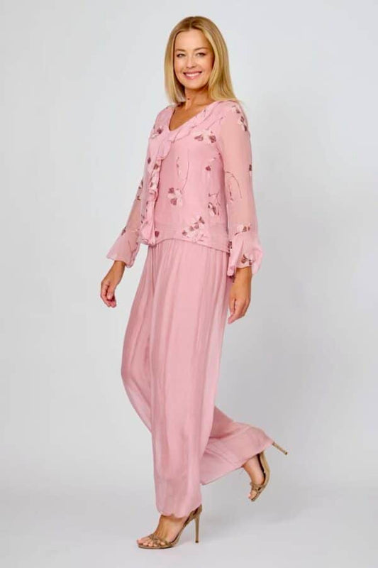 LA STRADA SILK FRILL NECK TOP IN PINK FLORAL