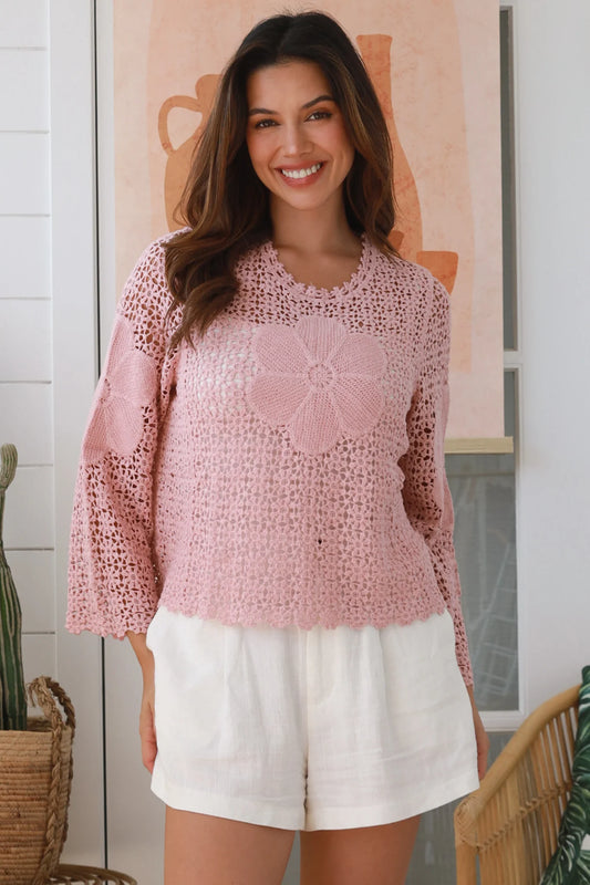 WILLOW CROCHET TOP WITH CENTRAL FLOWER IN PINK