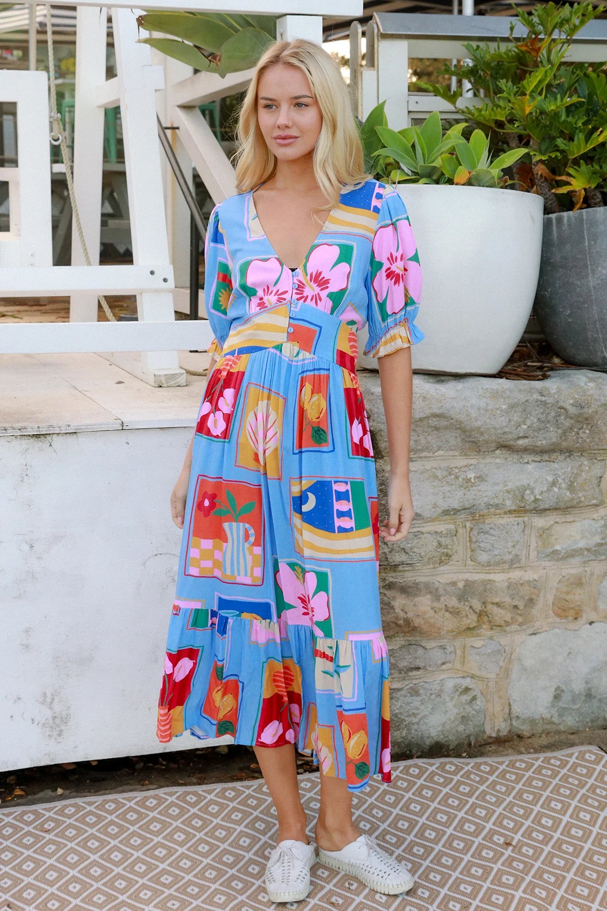 DREAMCATCHER BEATRICE BLUE V-NECK DRESS