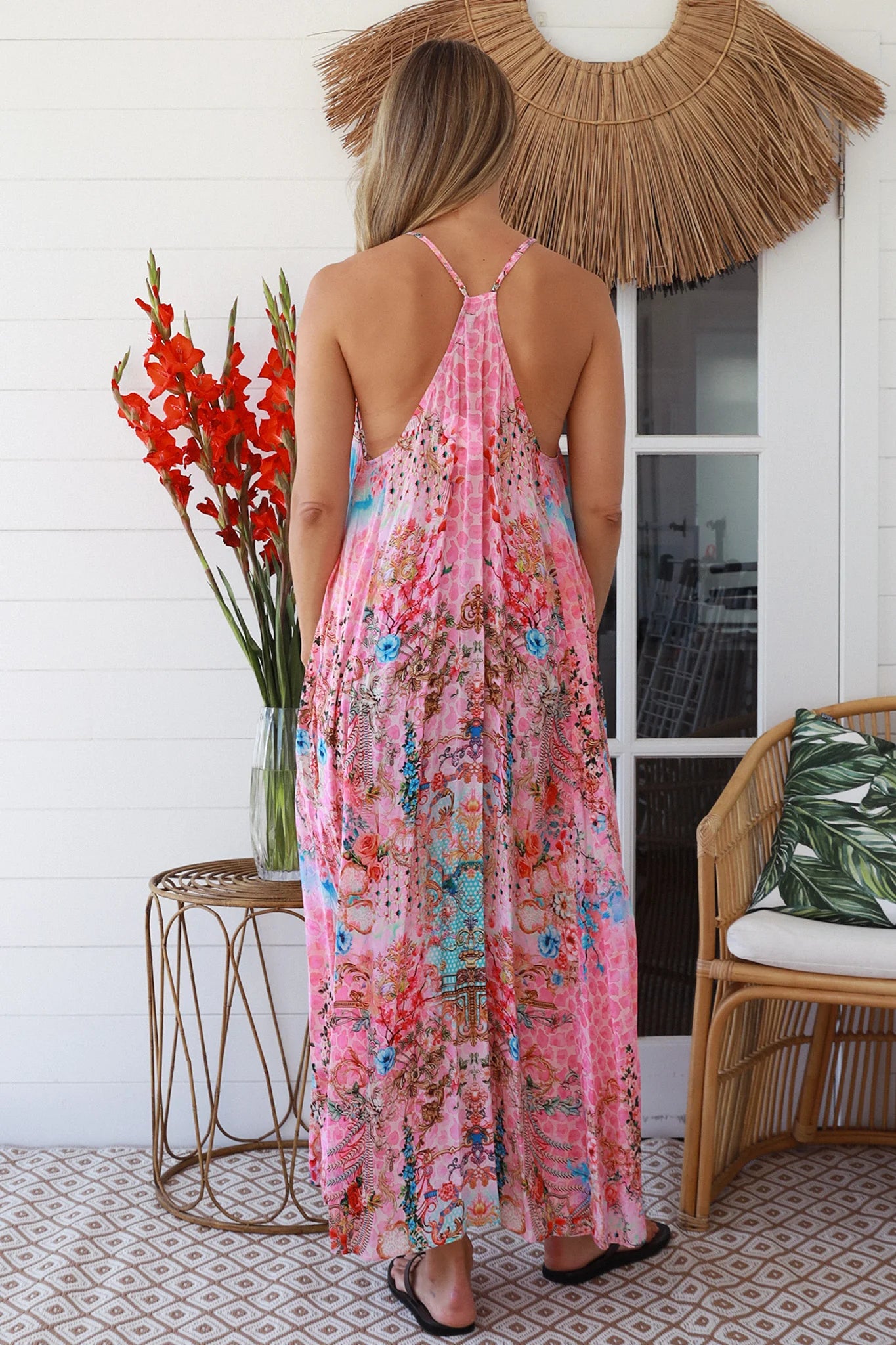 PEACOCK FEATHER PINK ABSTRACT SUMMER DRESS