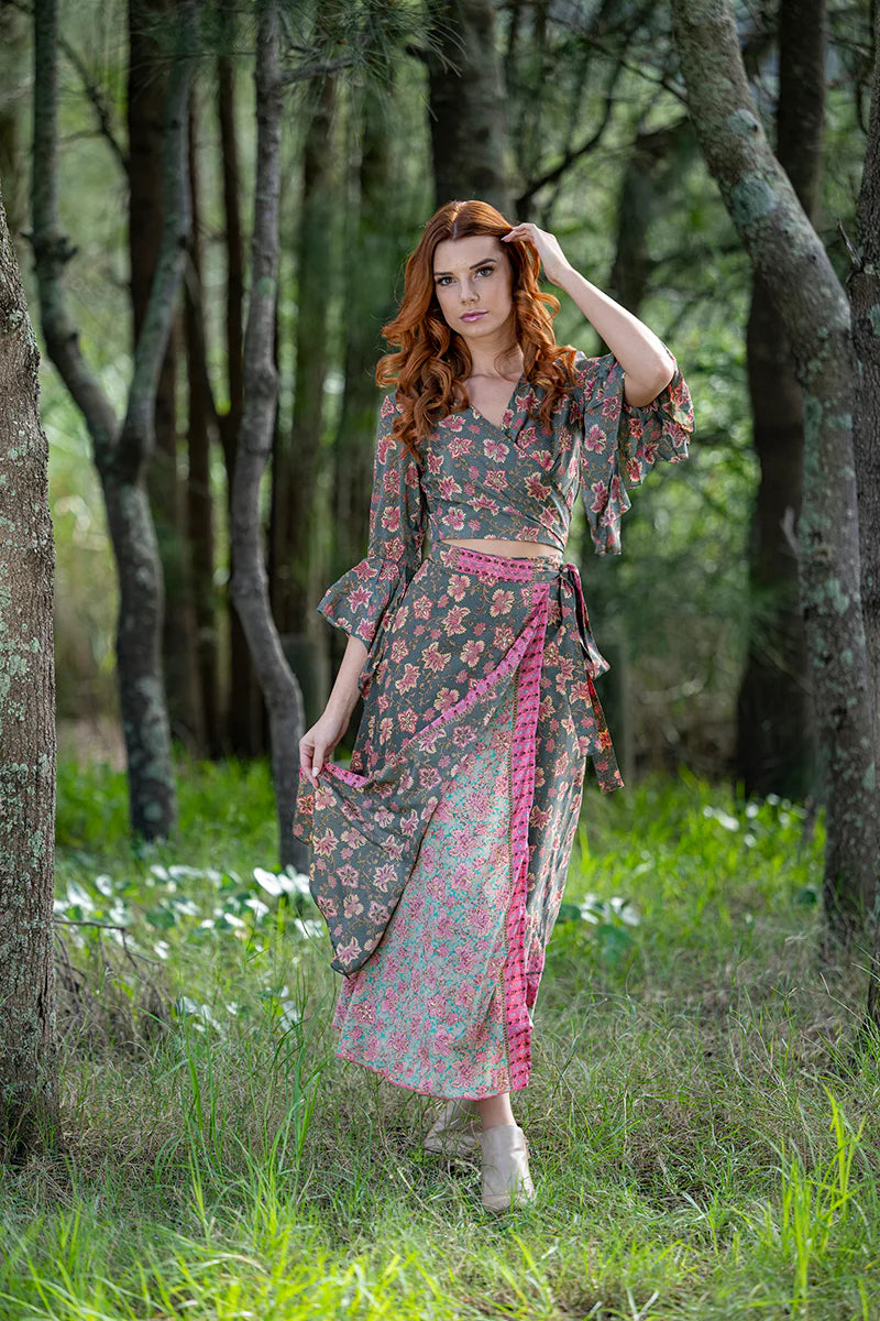 CIENNA AUSTRALIA SAGE SILK BLEND WRAP SKIRT