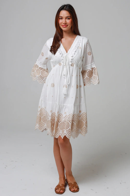 SALTY PALM WHITE AND BEIGE EYELET DRESS
