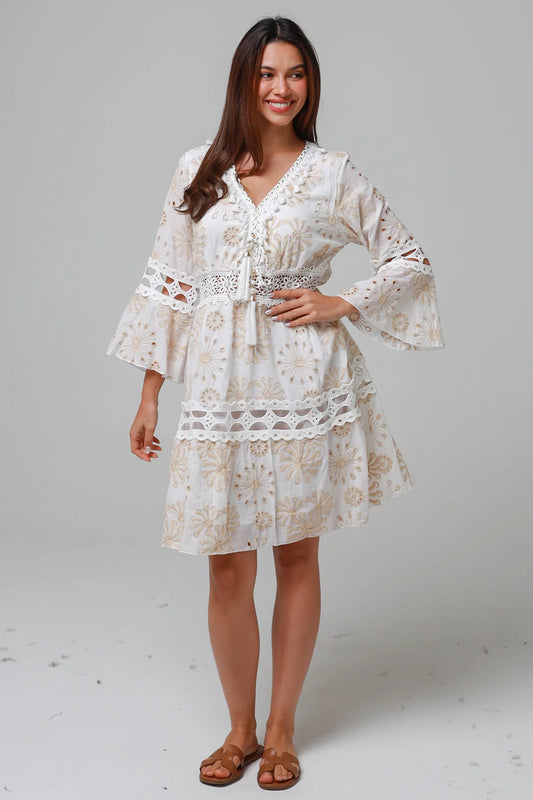 SALTY PALM COTTON DRESS IN WHITE AND BEIGE
