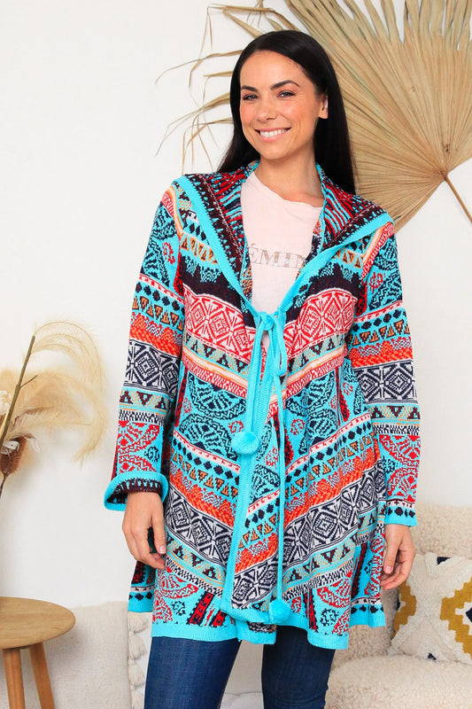 ISABELLA AZTEC STYLE CARDI WITH HOOD
