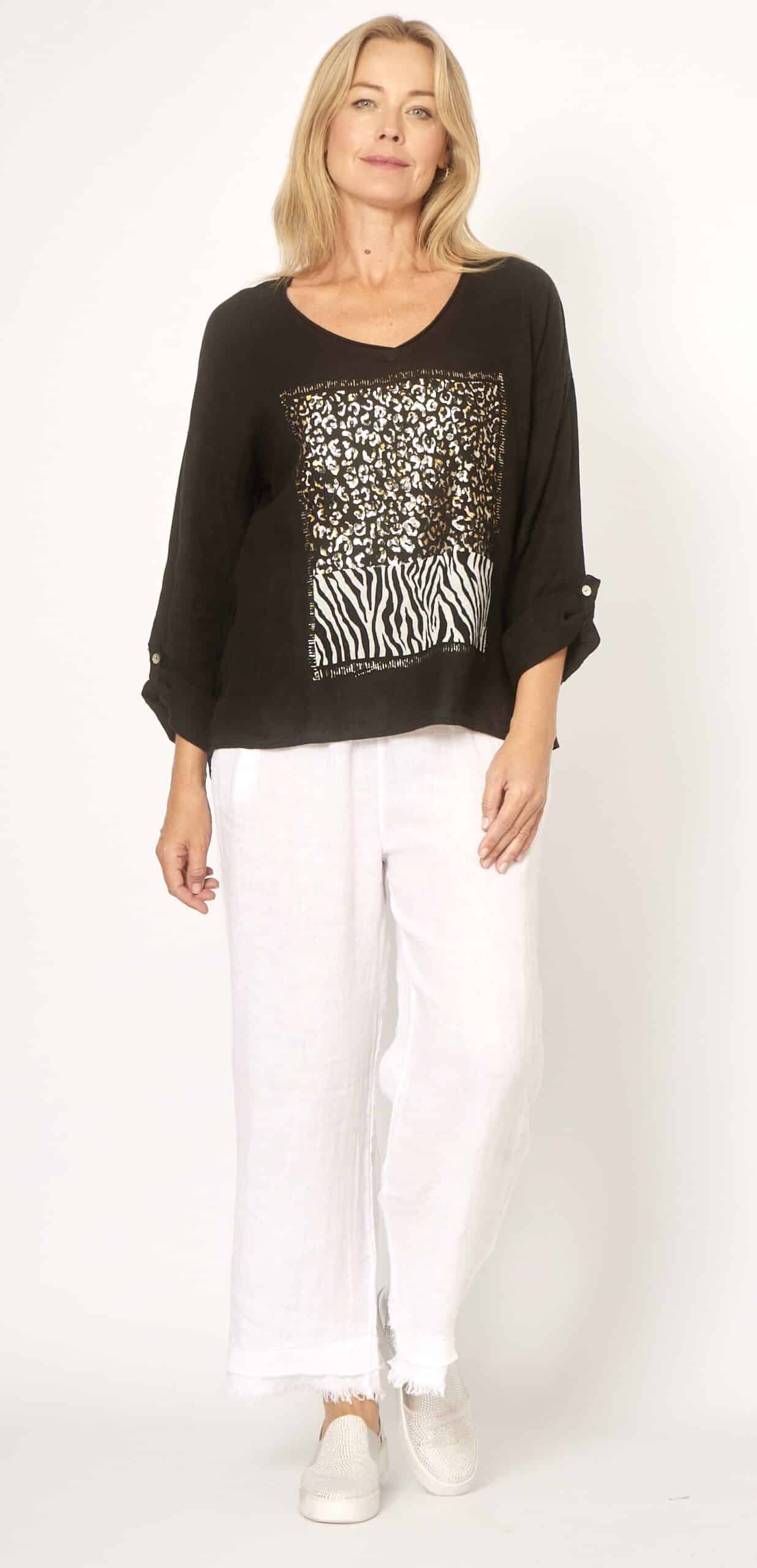 LA STRADA ANIMAL PRINT LINEN TOP IN BLACK