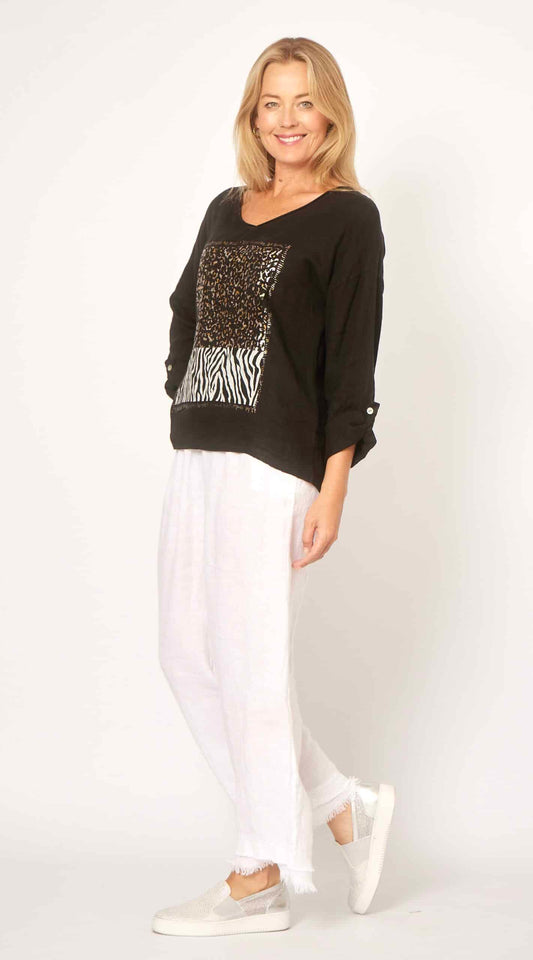 LA STRADA ANIMAL PRINT LINEN TOP IN BLACK