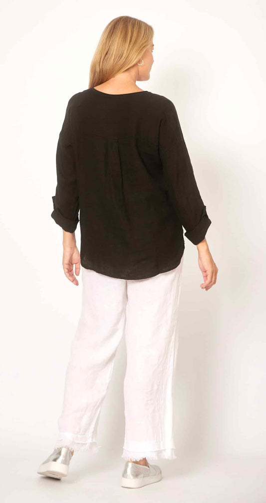 LA STRADA ANIMAL PRINT LINEN TOP IN BLACK