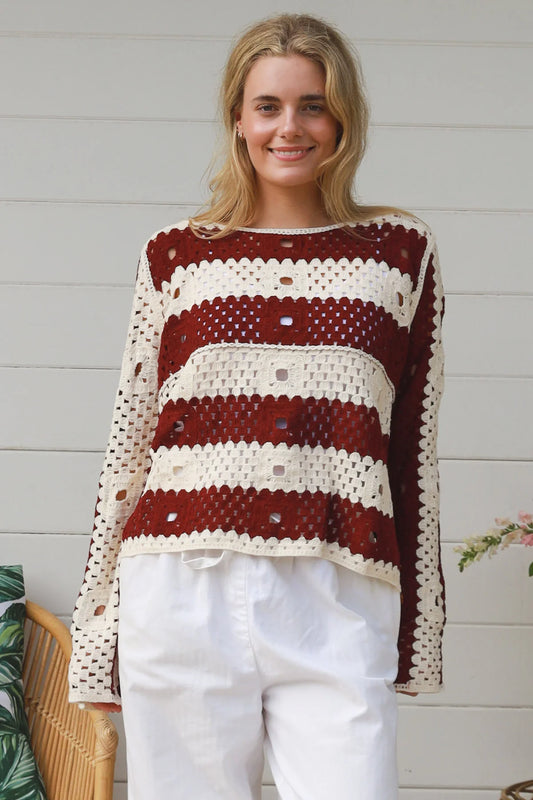 CHARLOTTE MAROON AND CREAM CROCHET TOP