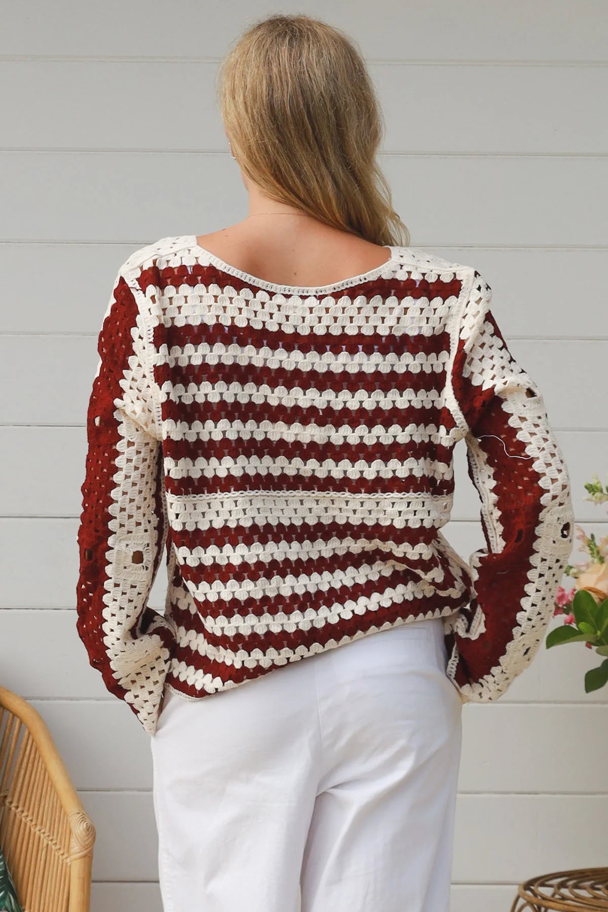 CHARLOTTE MAROON AND CREAM CROCHET TOP