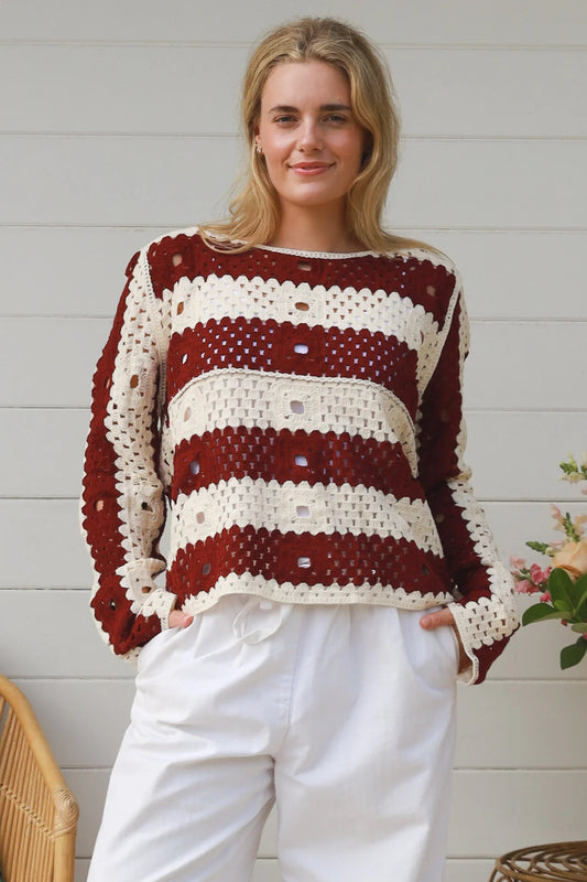 CHARLOTTE MAROON AND CREAM CROCHET TOP