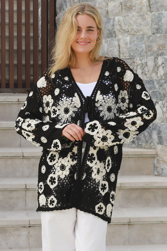 CHARLOTTE BLACK WITH CREAM CROCHET CARDI