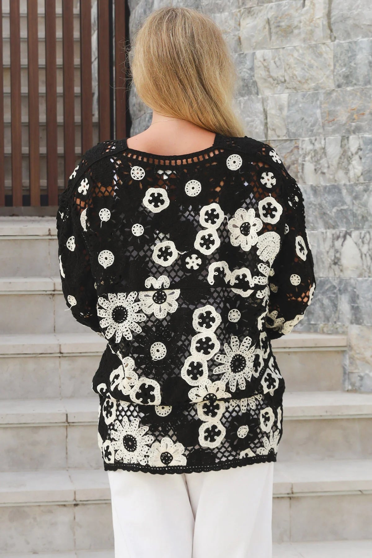 CHARLOTTE BLACK WITH CREAM CROCHET CARDI