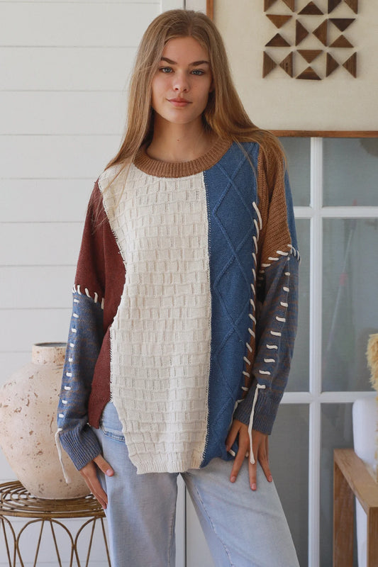 CHARLOTTE KNIT WITH LACE STITCH DETAIL IN BLUE EARTHY TONES