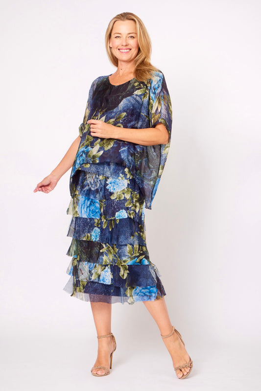 LA STRADA SILK LAYER DRESS IN MULTI NAVY BLUE FLORAL
