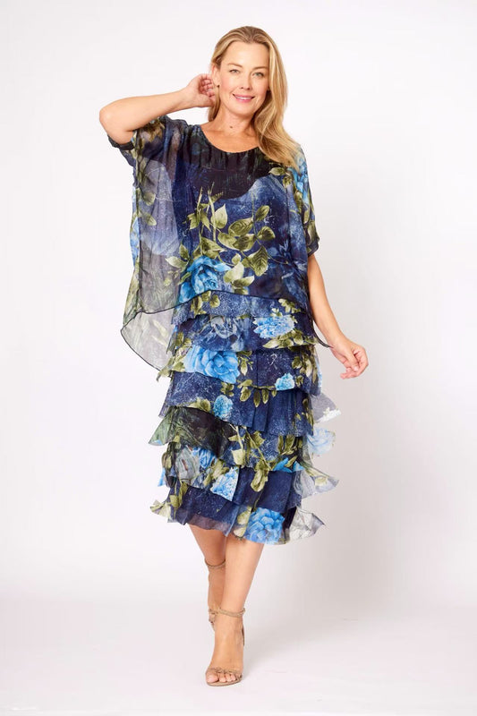 LA STRADA SILK LAYER DRESS IN MULTI NAVY BLUE FLORAL