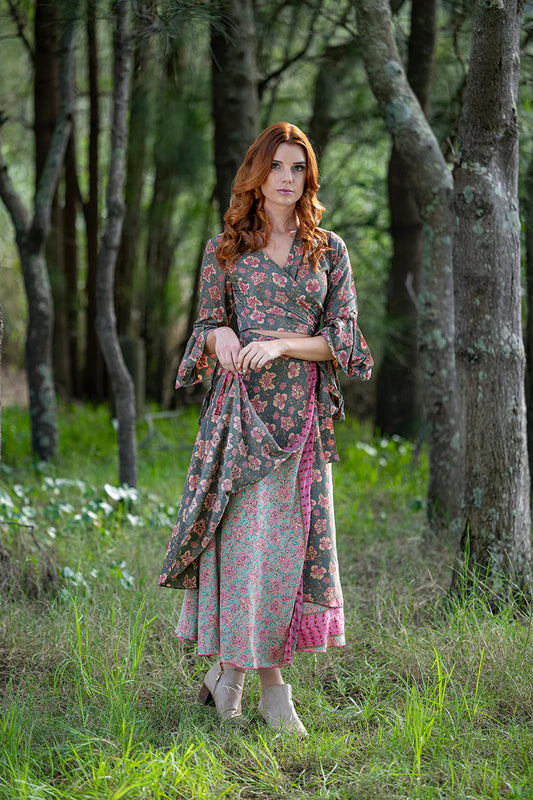 CIENNA AUSTRALIA SAGE SILK BLEND WRAP SKIRT