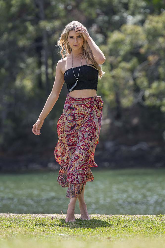CIENNA WINE GOLD SILK BLEND WRAP SKIRT