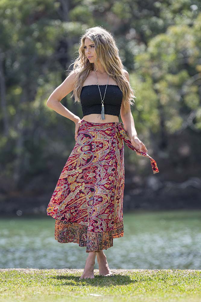 CIENNA WINE GOLD SILK BLEND WRAP SKIRT