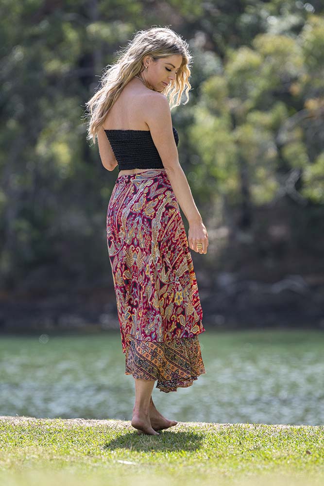 CIENNA WINE GOLD SILK BLEND WRAP SKIRT