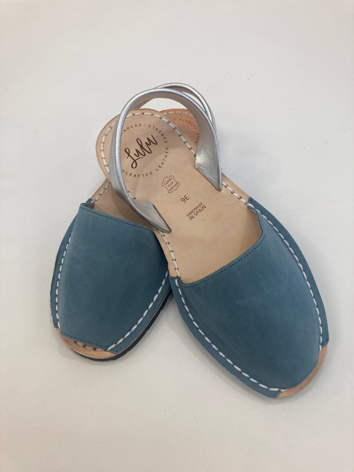 LULU AVARCAS FLAT IN SOFT BLUE WITH SILVER STRAP