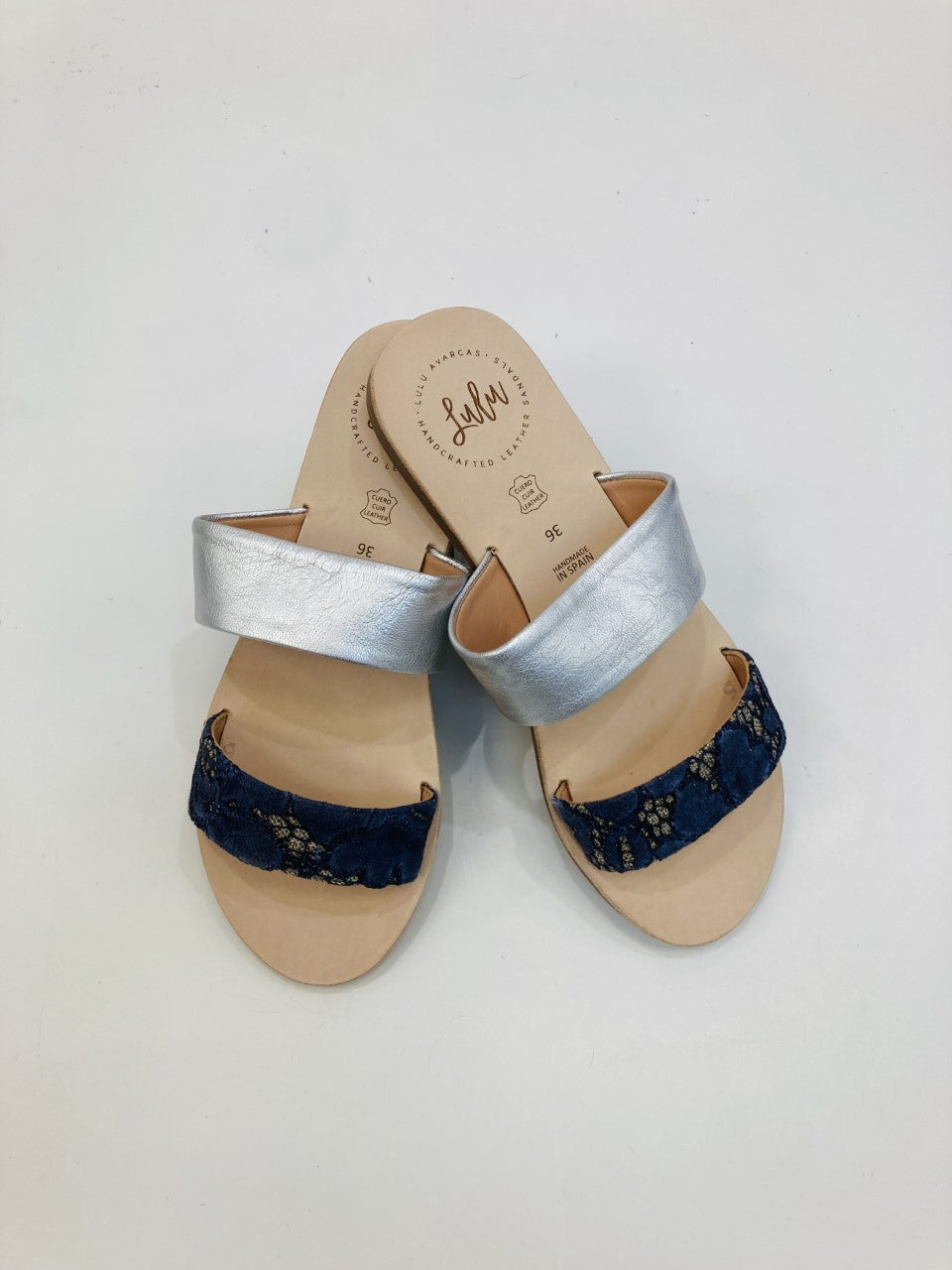 LULU AVARCAS 2 STRAP LEATHER SLIDE IN SILVER AND BLUE LACE